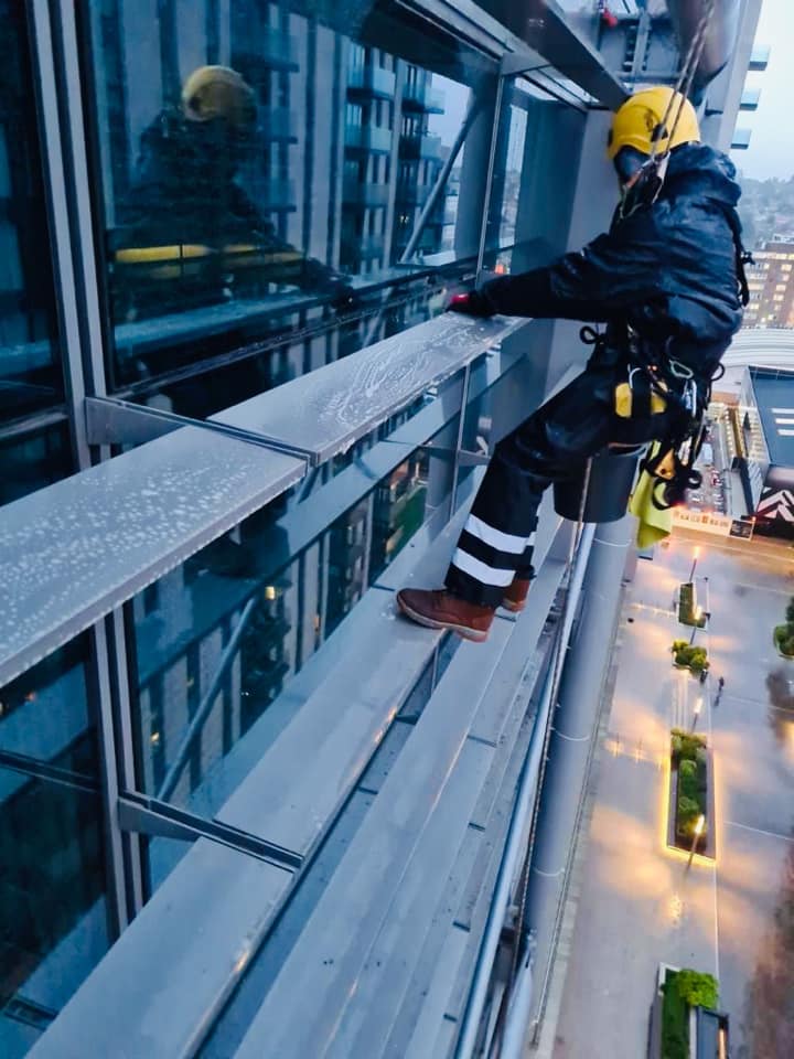 An example of a commercial window clean using rope access, by Home Statements