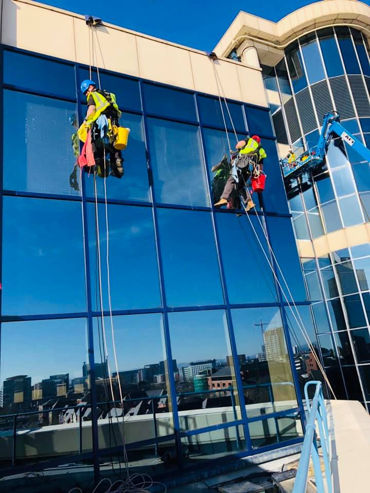 An example of a commercial window clean using rope access, by Home Statements