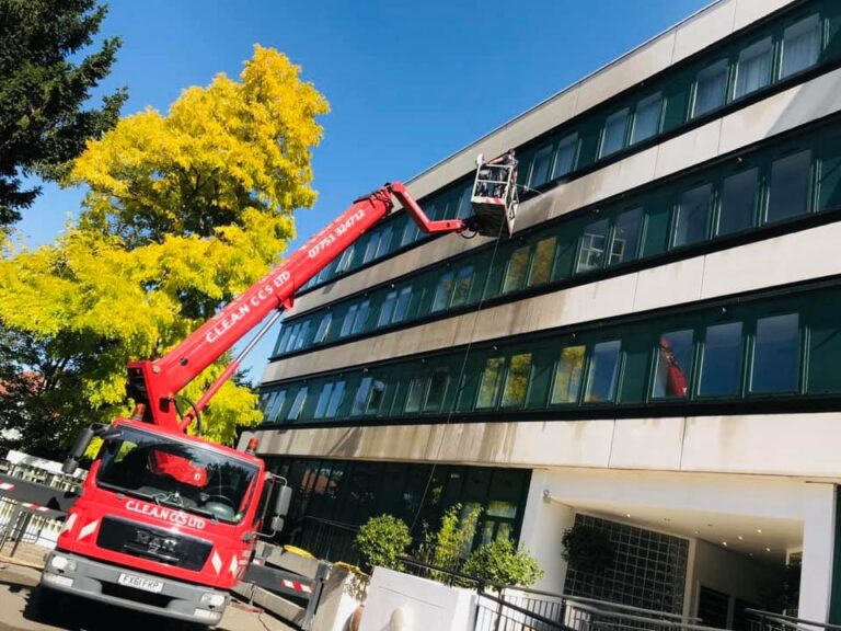 An example of a commercial window clean using cherry picker, by Home Statements