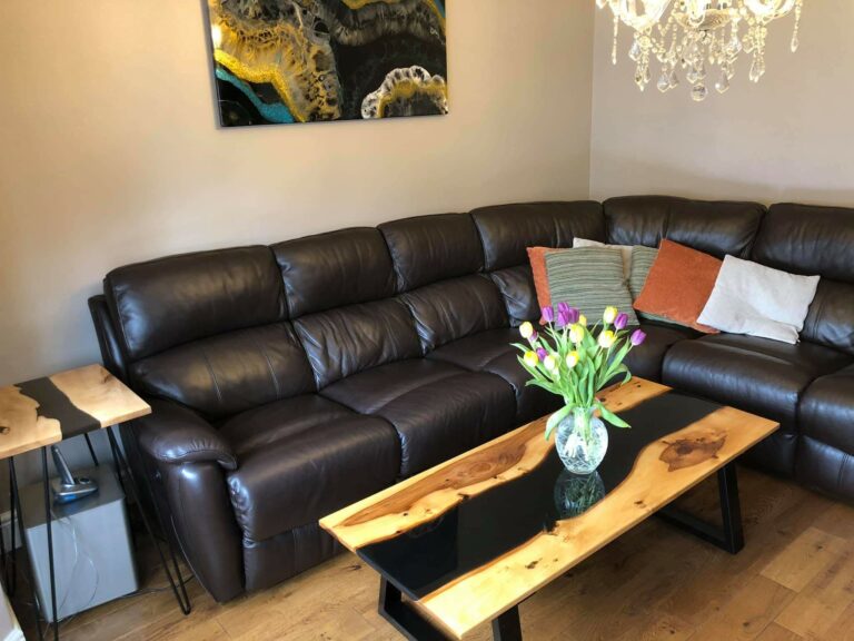 An example of an epoxy resin river table in Sevenoaks, in a living room, by Home Statements