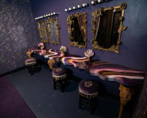 An example of our epoxy resin commercial projects in a nightclub powder room, by Home Statements