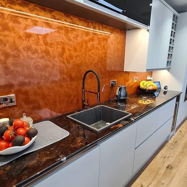 An example of Epoxy resin worktops and splashbacks in vibrant copper, in a kitchen, by home statements