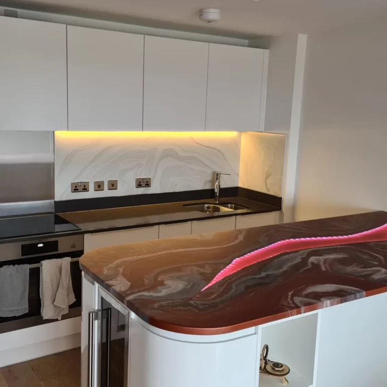 An example of an epoxy resin island worktop in London, by Home Statements