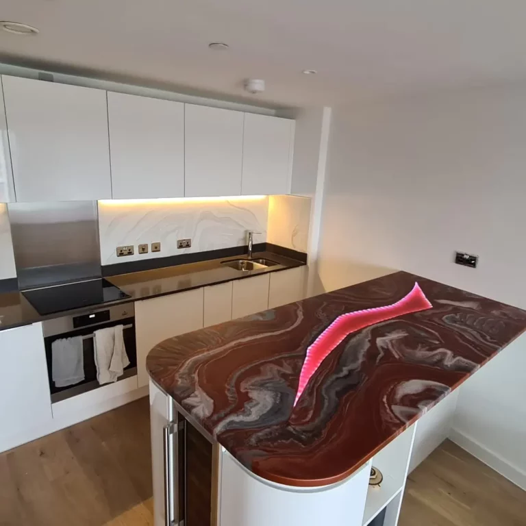 An example of an epoxy resin island worktop in London, by Home Statements