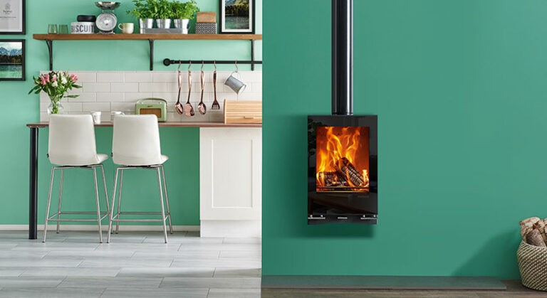 An example of a wall mounted log burner in a modern home. Home Statements