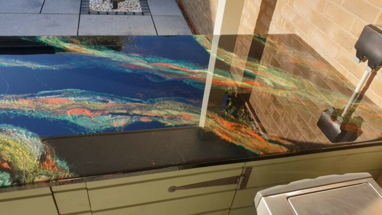 An example of an epoxy resin outdoor kitchen worktop with super gloss finish installed by Home Statements
