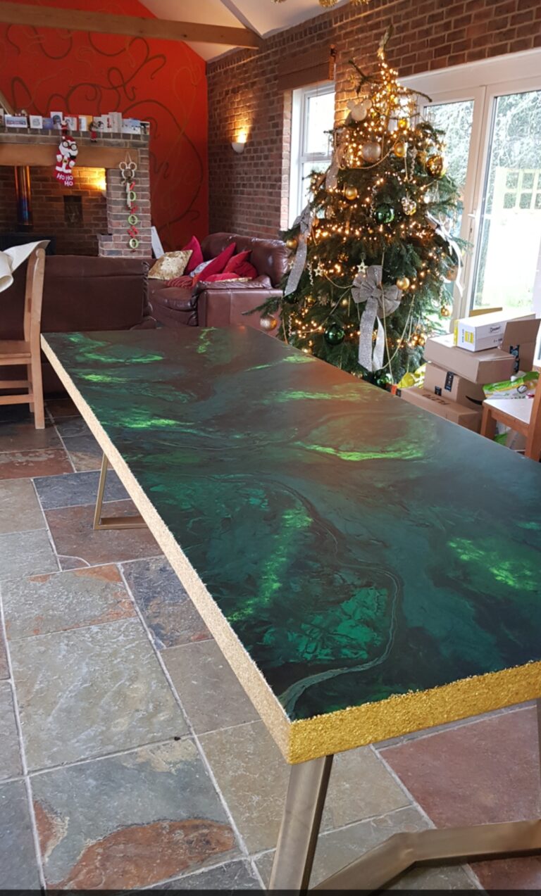An example of an epoxy resin table in a dining room, by home statements