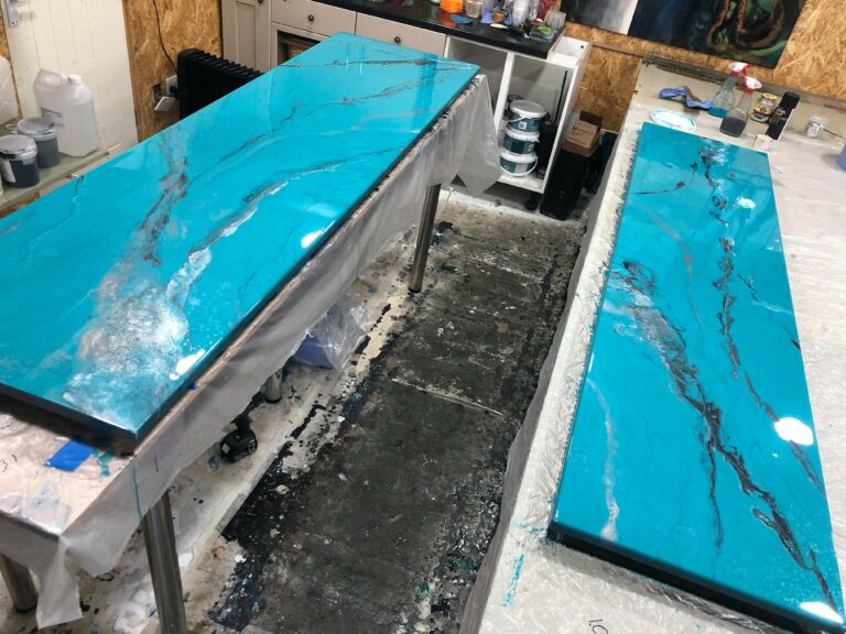 An example of an epoxy resin home bar top in the workshop, created and installed by Home Statements