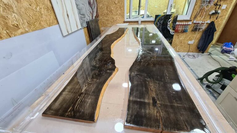 An example of an epoxy resin river table in progress in Kent, by Home Statements