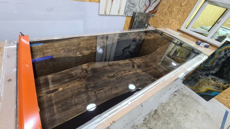 An example of epoxy resin river tables in progress in Kent, by Home Statements