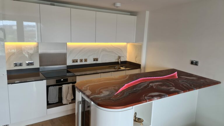 An example of an epoxy resin island worktop in London, by Home Statements