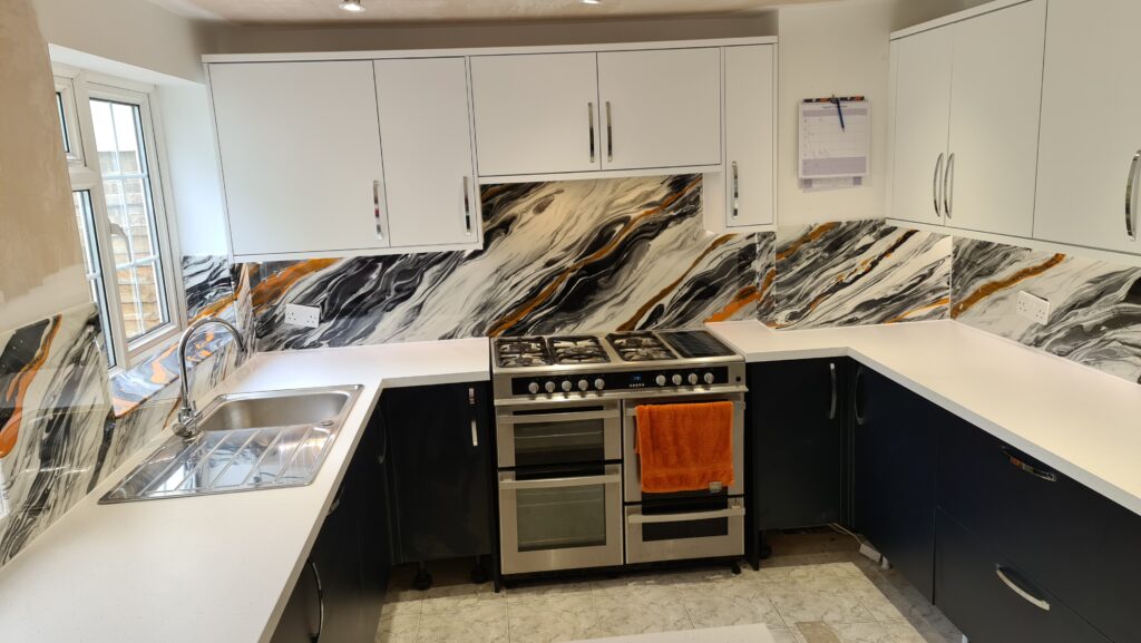 An example of a unique epoxy resin kitchen splashback in a kitchen, by Home Statements Ltd
