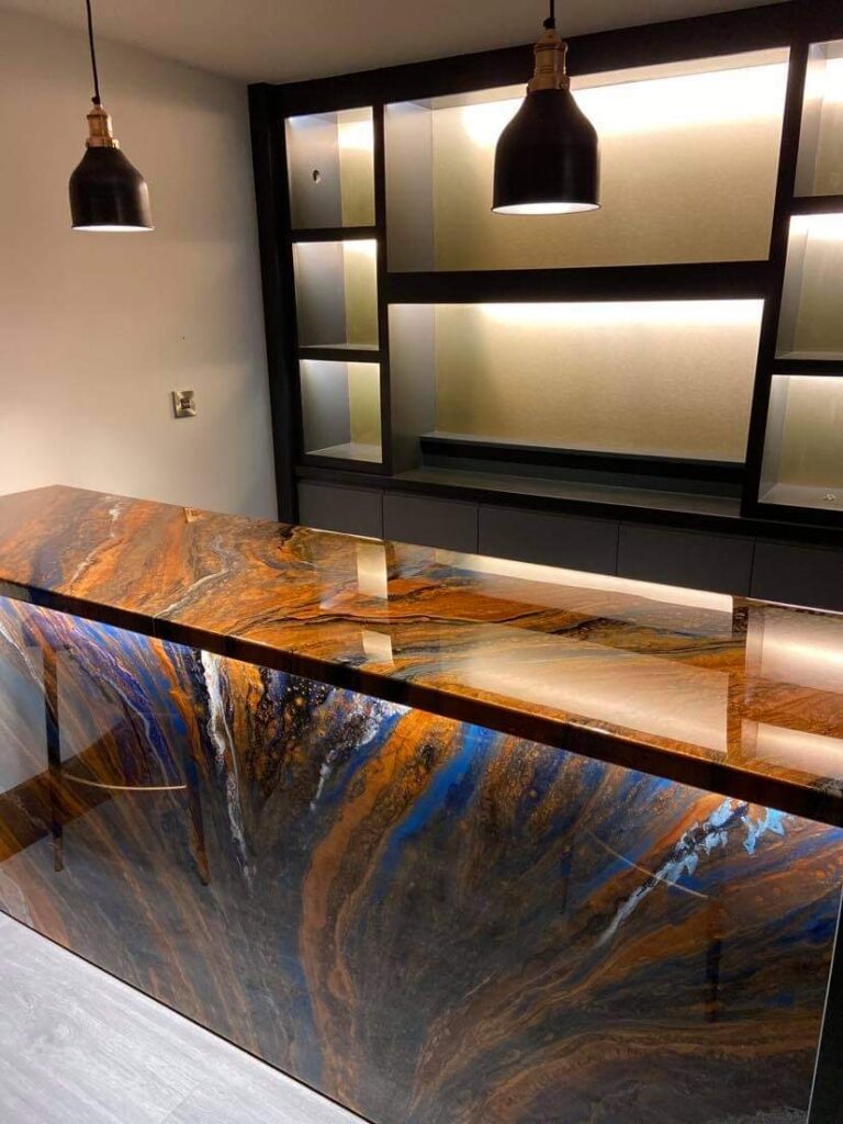 An example of a unique epoxy resin home bar in a kitchen, by Home Statements Ltd