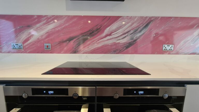 An example of a pink epoxy resin kitchen splashback in a kitchen, by Home Statements Ltd