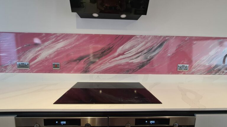 An example of a pink epoxy resin kitchen splashback in a kitchen, by Home Statements Ltd