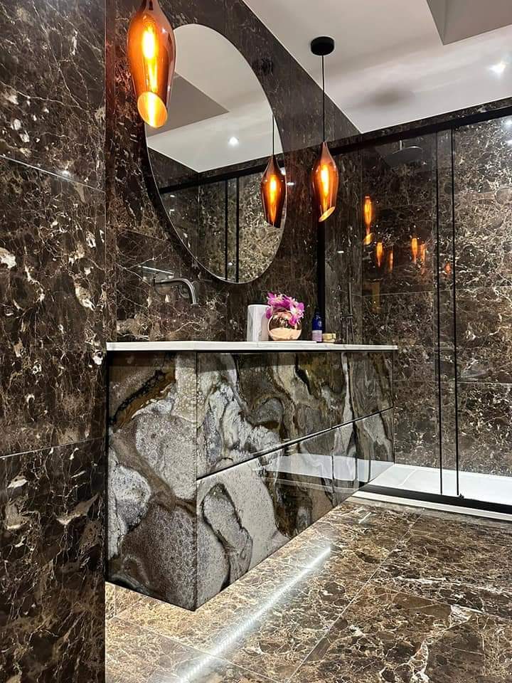 A unique epoxy resin design bathroom vanity unit in a bathroom by Home Statements Ltd